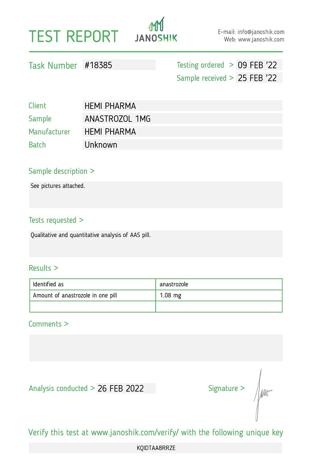 Hemi Pharma Anastrozole Lab Test Report