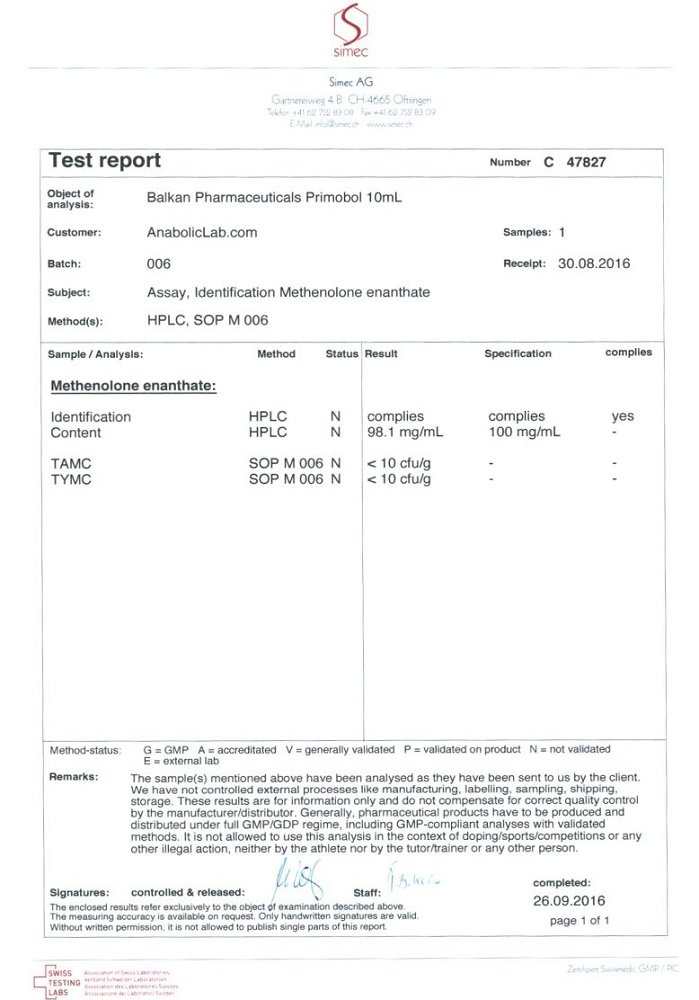 Balkan Primobol Lab Test