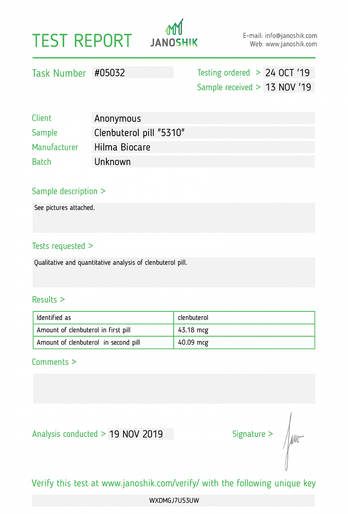 Hilma Clenbuterol Lab Test