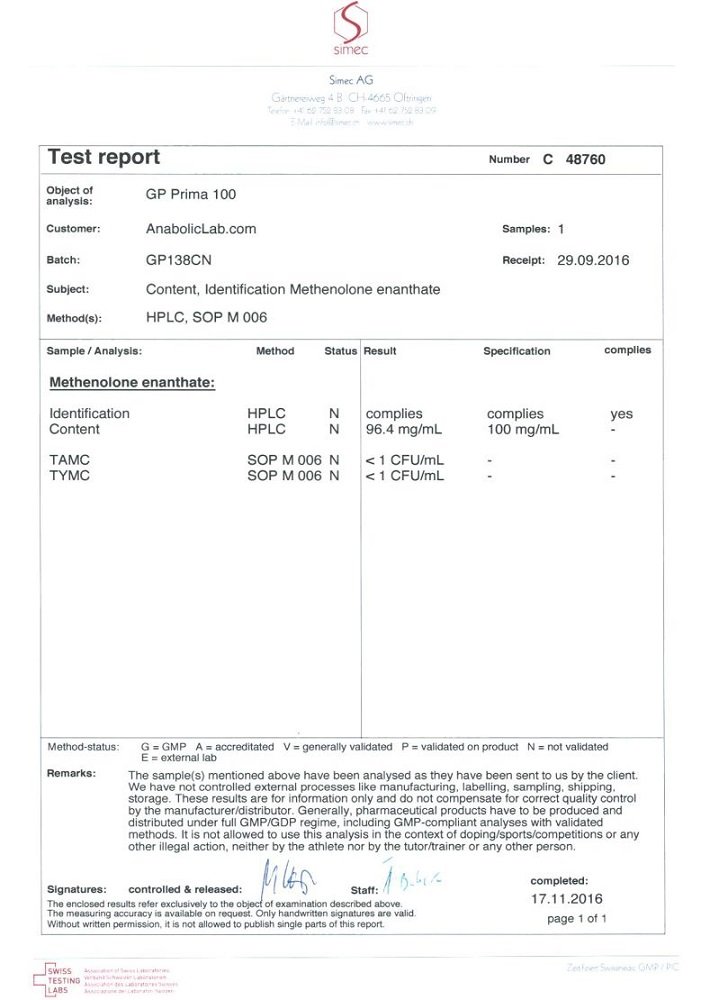 GP Prima 100 Lab Test