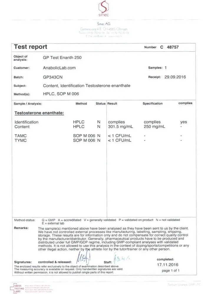 GP Test Enanth 250 Lab Test