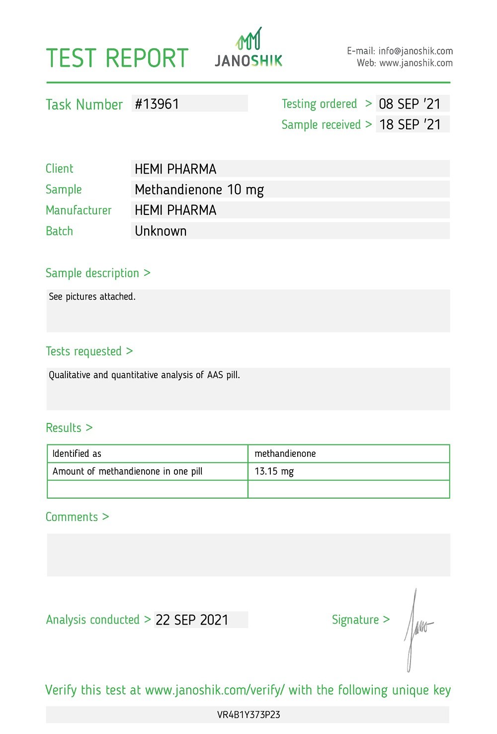 Hemi Pharma Metandienone 10mg Lab Test Report