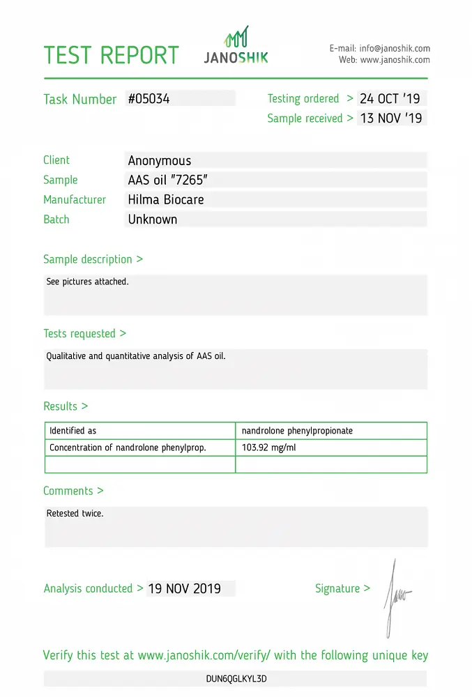 Hilma Nandrolone Phenylpropionate Lab Test