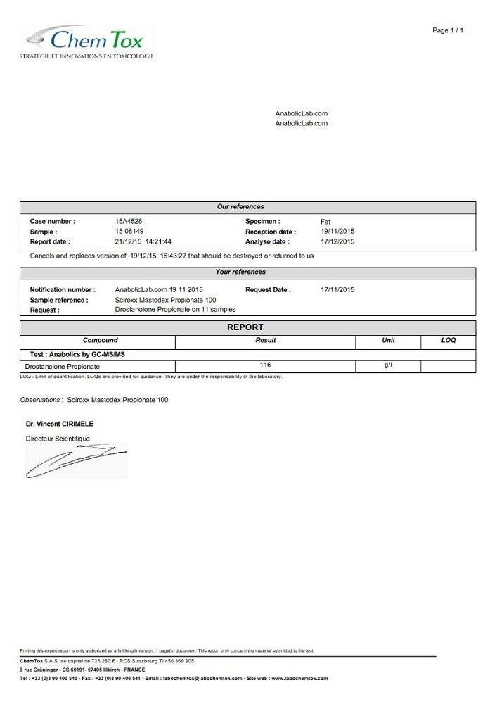 Sciroxx Mastodex Propionate 100 Lab Test