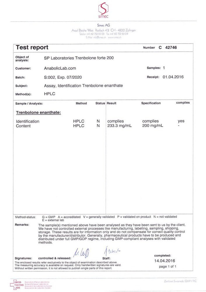 SP Trenbolone Forte 200 Lab Test