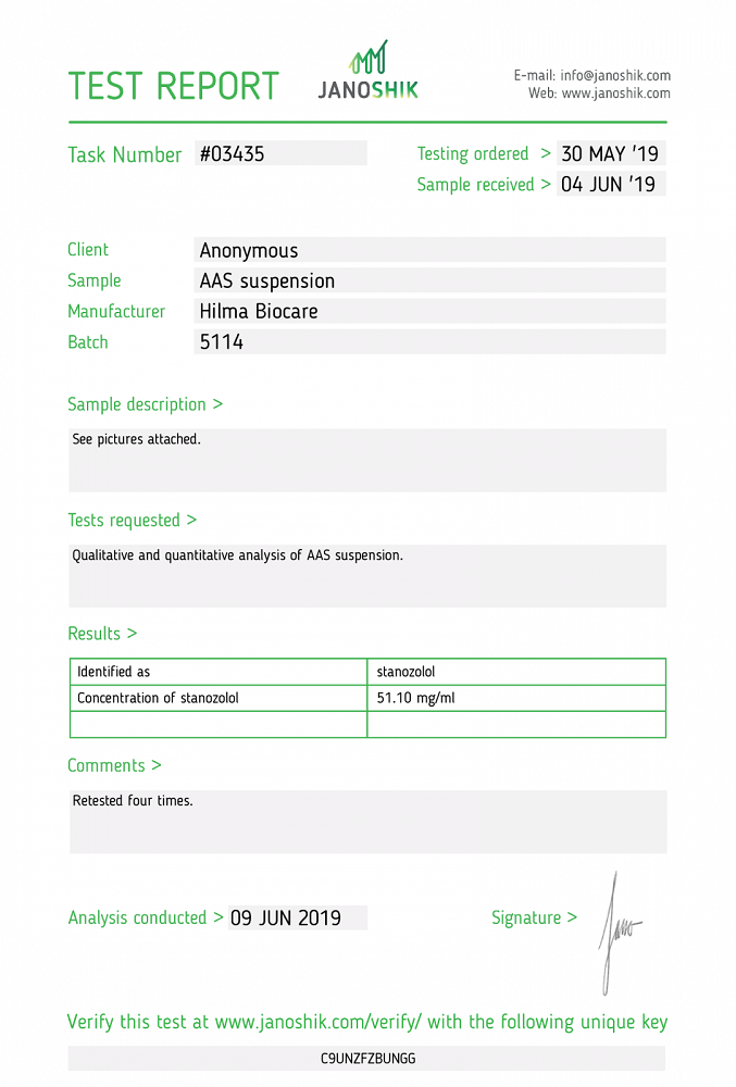 Hilma /Stanozolol Inj Lab Test