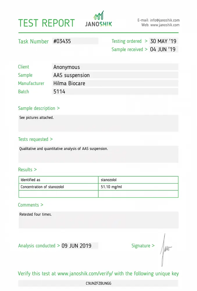 Hilma /Stanozolol Inj Lab Test