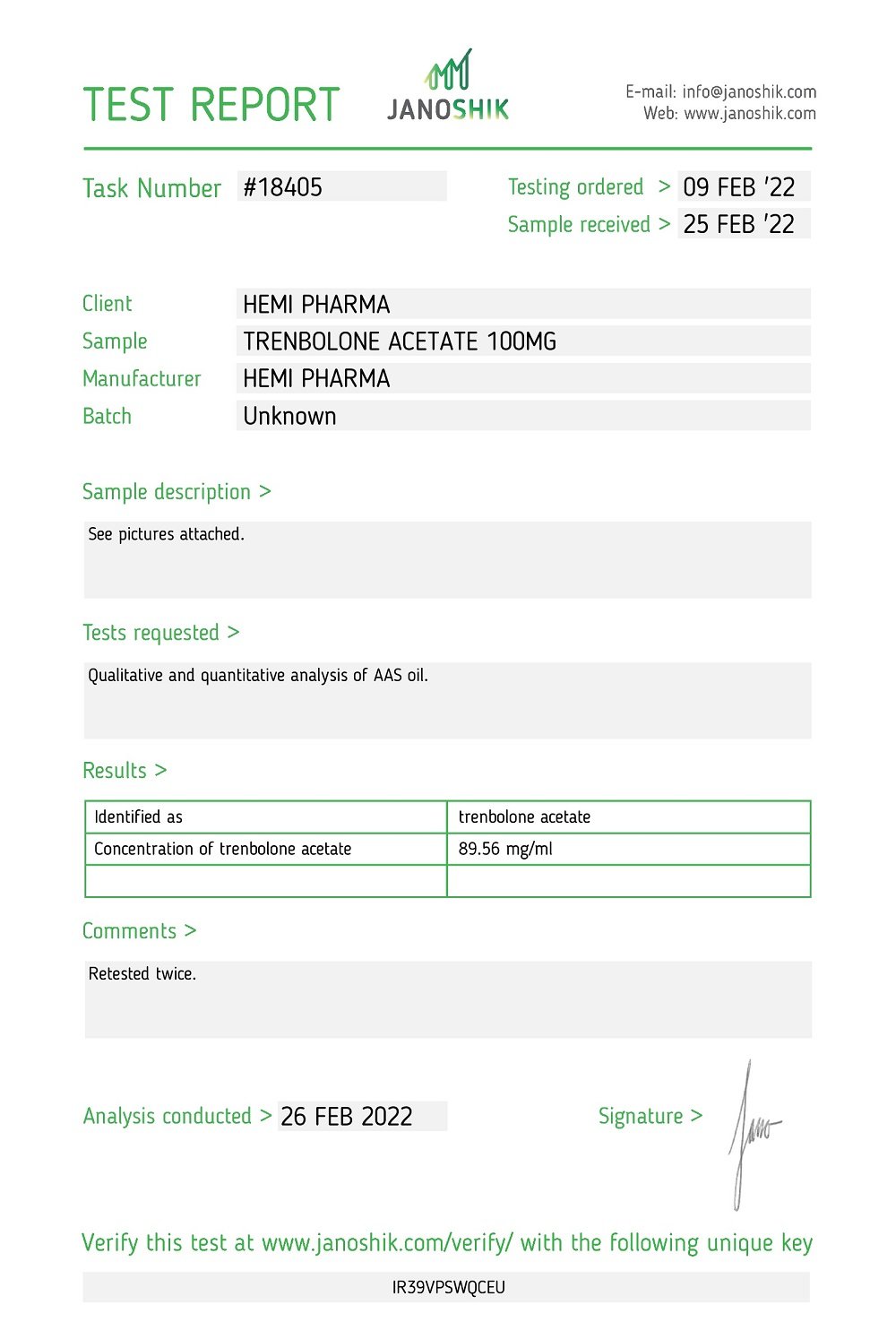 Hemi Pharma Tren A Lab Test Report