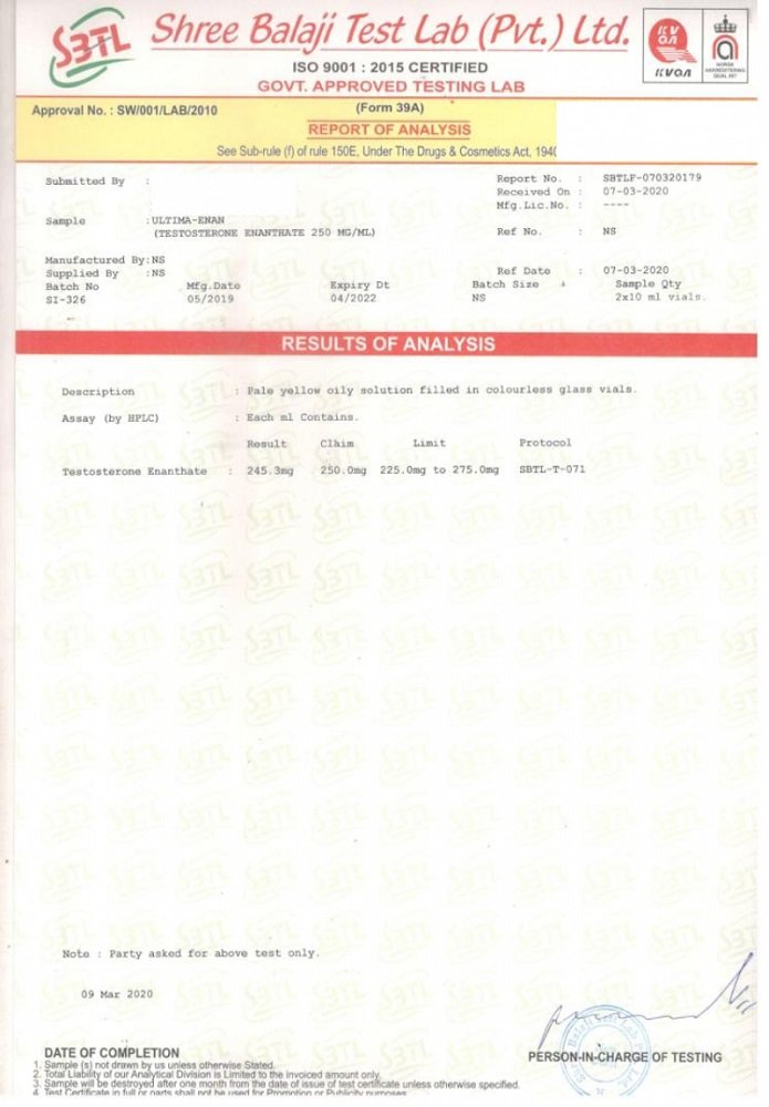 Ultima Enan 250 Lab Test