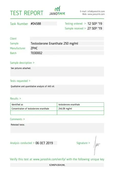 ZPHC Testosterone Enanthate Lab Test